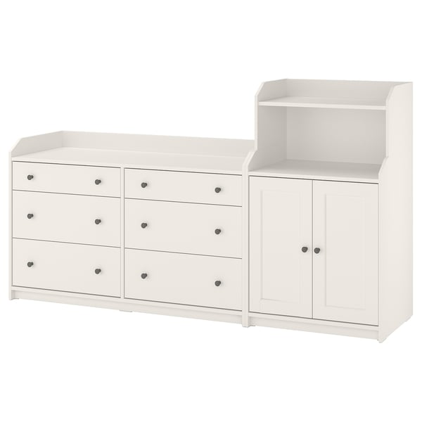 Vit HAUGA förvaringsset: bred byrå, öppna hyllor, 6 lådor, modern design.