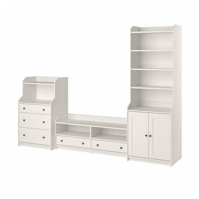 Möbelsetet HAUGA: högskåp, byrå, tv-bänk med blandning av öppen/stängd förvaring i klassisk vit design.