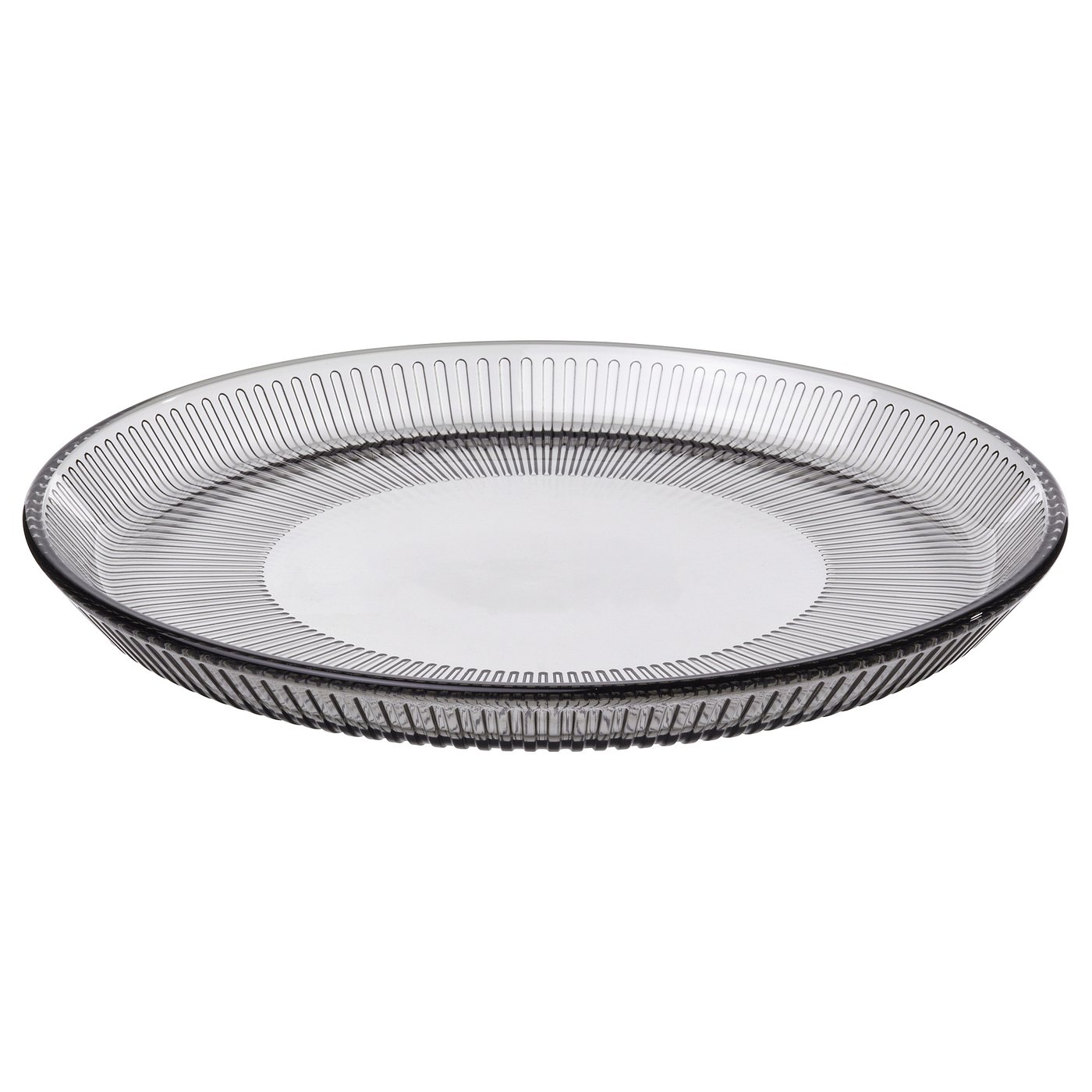 Oval grå glasplatta med linjär design.