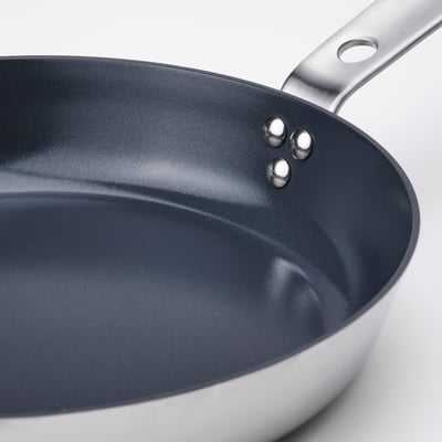 Grå non-stick keramisk stekpanna med utsida och handtag i rostfritt stål.