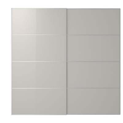 HOKKSUND garderob, grå blanka paneler. Fyrkantig design, elegant aluminiumram.