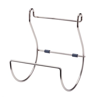 En HULTARP handdukshållare i förnicklat stål med blå lock. Dess u-formade design håller pappershanddukar bekvämt inom räckhåll.