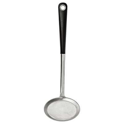 IKEA 365+ HJÄLTE: svart skimmer, rund mesh, långt handtag med grepp och upphängningshål.
