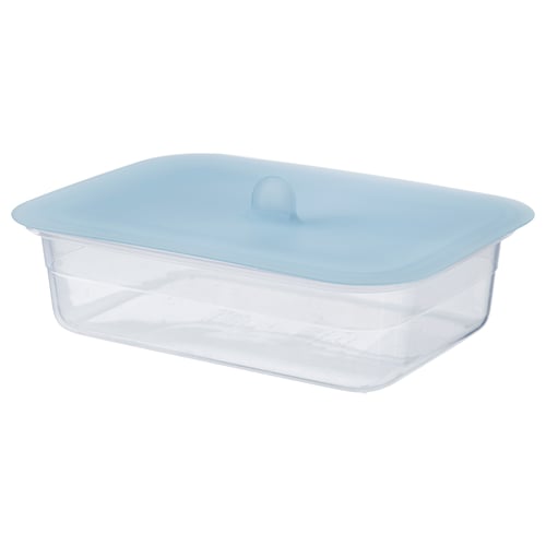 IKEA 365+ genomskinlig matbehållare med blått silikonlock, rektangulär form, transparent med vakuumförseglat lock.
