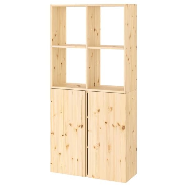 IVAR förvaringsmöbel i ljust trä med skåp och öppna hyllor, enkel design.