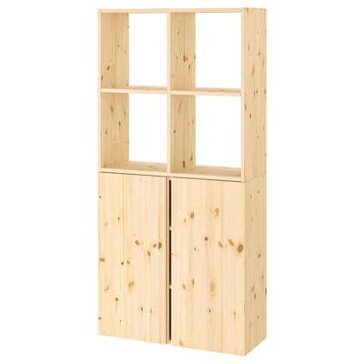 IVAR förvaringsmöbel i ljust trä med skåp och öppna hyllor, enkel design.