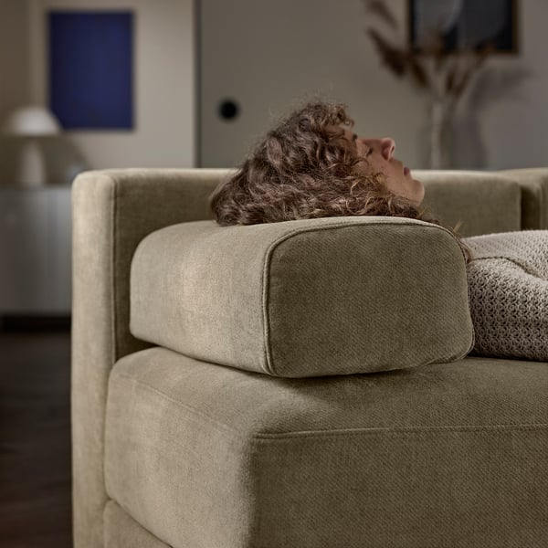 JÄTTEBO 4-sitsig modulsoffa med schäslong, höger med nackkudde/Johanneshov brun-beige