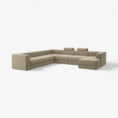 Modern beige modulär sektionssoffa, mjuka kuddar, rena linjer, mångsidig design.