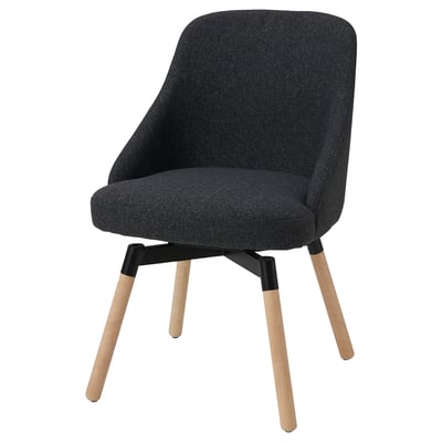 JANOLOF stol: mörkgrått tyg, träben, vridbar sits, modern design.