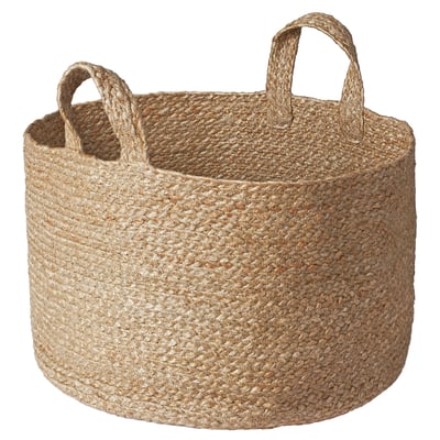 Handvävd beige juteförvaringskorg med handtag, perfekt för organisering och dekoration.