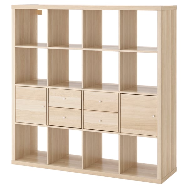 KALLAX Hylla med 4 insatser - vitlaserad ekmönstrad 147x147 cm