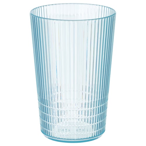 KALLSINNIG: klarblått akrylplastglas med vertikala ribbor och ett diamantmönster i botten, högt och cylindriskt.
