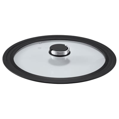KLOCKREN lock, klart glas, svart kant, rostfritt handtag, rund, passar 28-32 cm krukor.