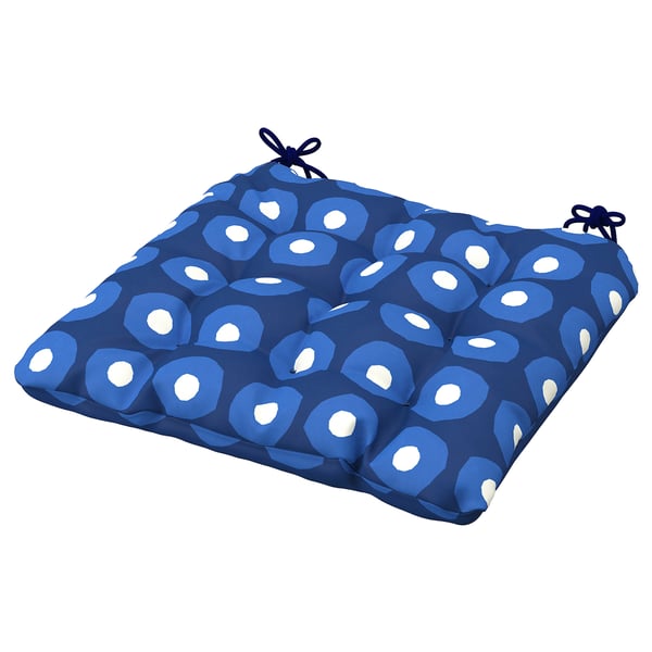 Blåmönstrad sittdyna med knytband, fyrkantig form, återvunnen polyester.