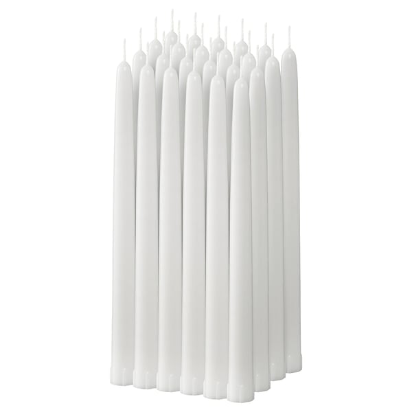 Set med 10 vita, cylindriska KLOKHET-ljus, stearinmaterial.