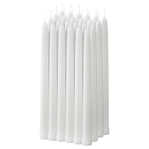 Set med 10 vita, cylindriska KLOKHET-ljus, stearinmaterial.