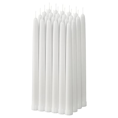 Set med 10 vita, cylindriska KLOKHET-ljus, stearinmaterial.