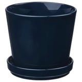 Blå cylindrisk kruka i stengods med fat, inomhus/utomhus.