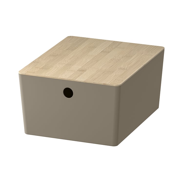 KUGGIS låda med lock, mörk gråbeige/bambu, 26x35x15 cm - IKEA