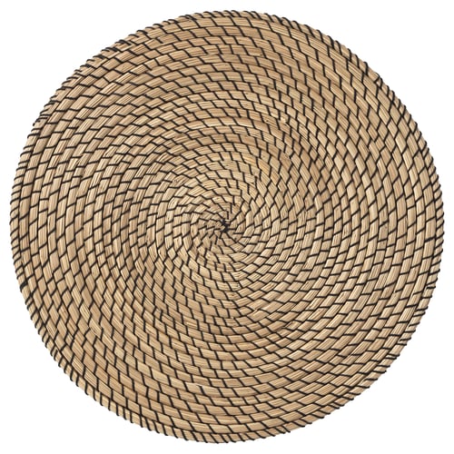 Lattad vävd sjögräs bordstablett, naturlig färg, rund form, intrikat spiraldesign.