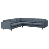 Blå l-formad LANDSKRONA soffa med träben, designad för komfort och stil.