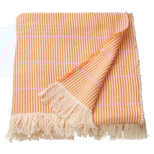 Pläden LAPPKATTFOT - knallorange/rosa ränder, filt i bomull med fransar.