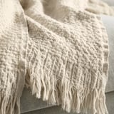 Texturerad benvit pläd med fransiga kanter, som visar upp handvävd kvalitet och naturligt tyg.