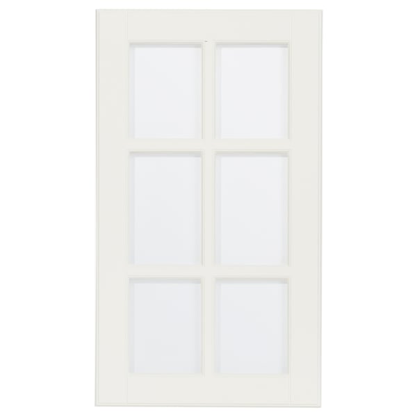 En vit LILLBYN-dörr med sex paneler i härdat glas arrangerade i ett rutnätsmönster. Dörren har en modern enkelhet med en ren, minimalistisk design.