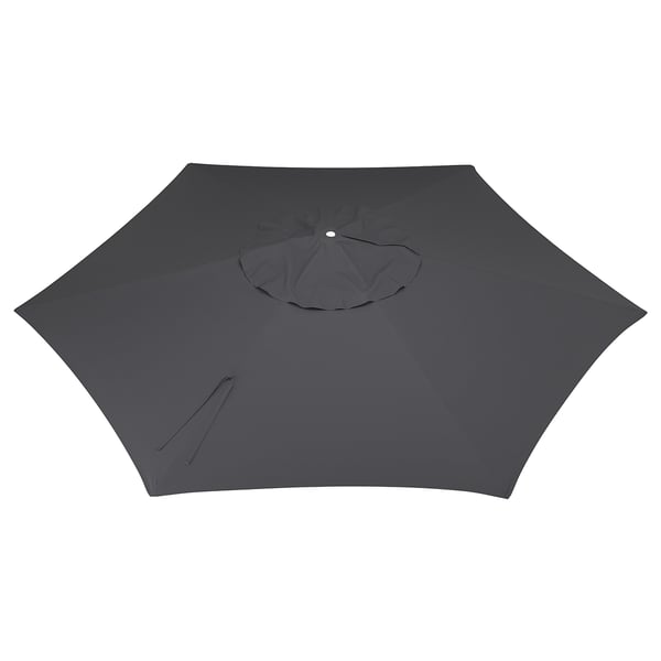 Avbildar ett grått LINDÖJA reservparasolltak, sexkantigt till formen. Den är designad för utomhusbruk och ger UV-skydd.