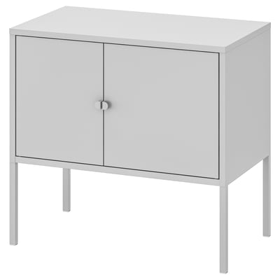 Ett LIXHULT grått skåp med två dörrar, som står på tunna metallben. Dess rektangulära, eleganta och moderna.
