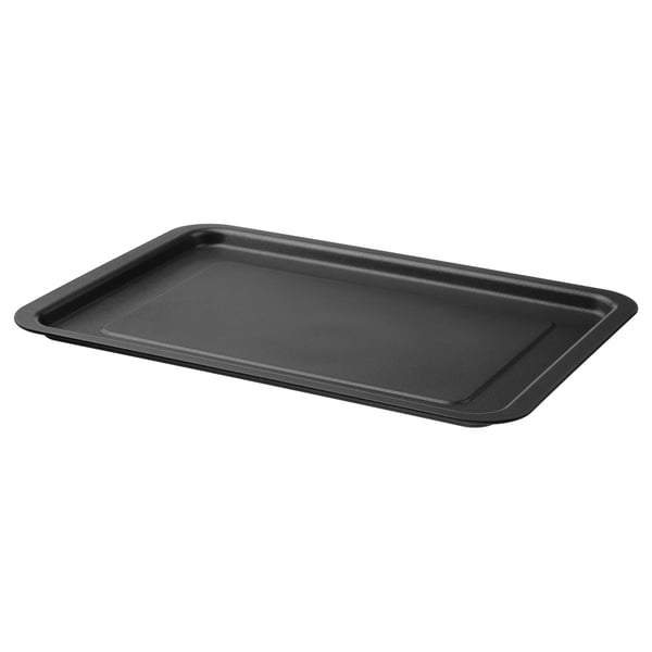 Svart rektangulär stekpanna, tillverkad av galvaniserat stål med non-stick beläggning.