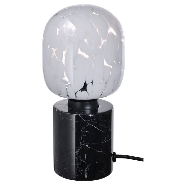 MARKFROST / MOLNART Bordslampa med ljuskälla - marmor svart/tubformad vit/klarglas