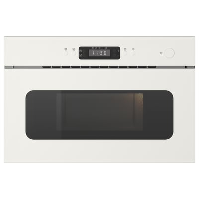 Vit väggmonterad mikrovågsugn med digital display och kontrollpanel, med en elegant, handtagsfri design.
