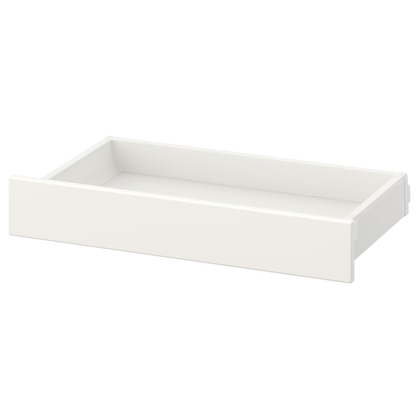 En vit MAXIMA-låda. Den är rektangulär, tillverkad av stål och spånskiva, med en slät, minimalistisk design.