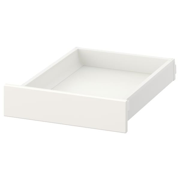 En vit MAXIMA-låda med en rektangulär, elegant design och en slät yta. Den är gjord av stål, spånskiva och målad träfiberskiva.