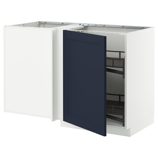 Vit köksenhet med blå dörr, öppen låda; Modern design.