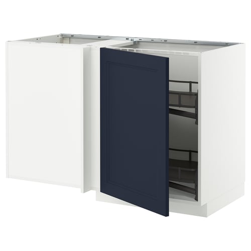 Vit köksenhet med blå dörr, öppen låda; Modern design.