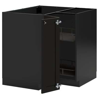 Svart köksskåpsset med fasade kanter, robust konstruktion, justerbara hyllor, metalliska gångjärn, metallisk finish.