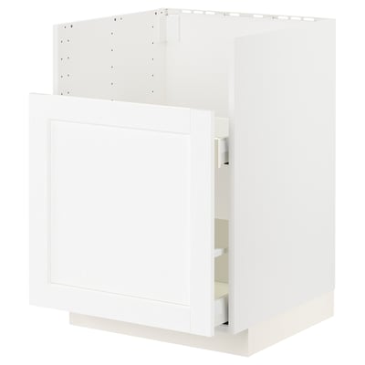 Avbildar ett vitt METOD-köksskåp med en elegant design med släta ytor och minimalistisk stil.