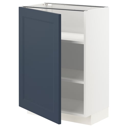 Ett vitt METOD-köksskåp med blå dörr, två hyllor och modern design.