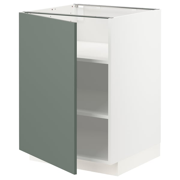 Ett METOD-köksskåp med grågrön dörr, i modern design med justerbara hyllplan och robust vit ram.