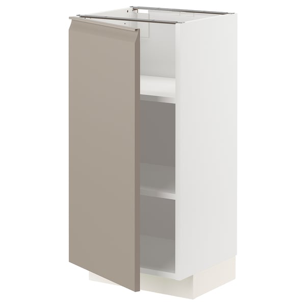 Modernt köksskåp i gråbeige med minimalistisk design, flyttbara hyllplan och fasade kanter.