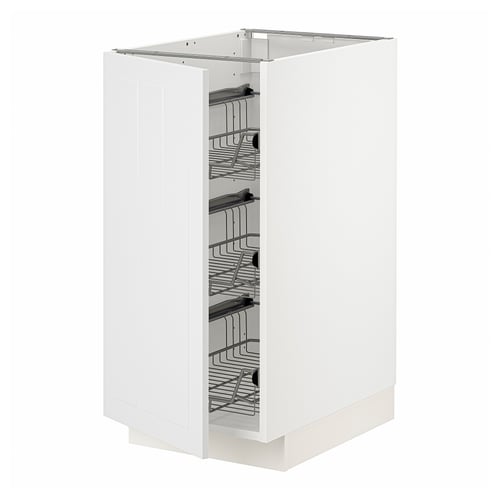 Vitt METOD-skåp, fyrkantig form med flera trådhyllor för kastruller och stekpannor, elegant och modern design.