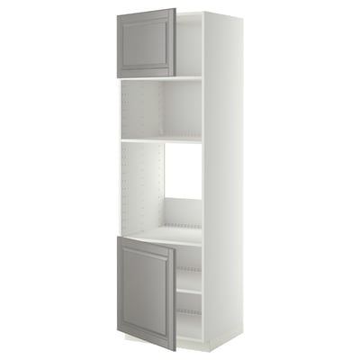 METOD köksskåp, vitt och grått, högt med hyllor, modern, minimalistisk design.