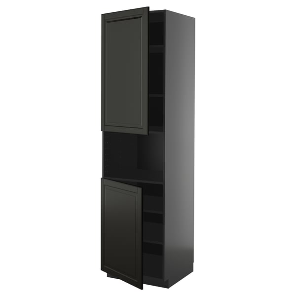 Svart köksskåp med pärldörrar, hög rektangulär form, elegant modern design.