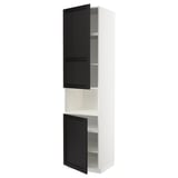 Ett vertikalt ikea METOD köksskåp med svartbetsade askluckor och flyttbara hyllplan. Den har två dörrar och en minimalistisk design.
