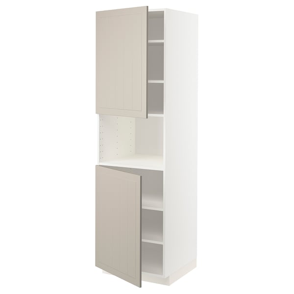 METOD Högskåp f mikro m 2 dörrar/hyllplan - vit/Stensund beige 60x60x200 cm