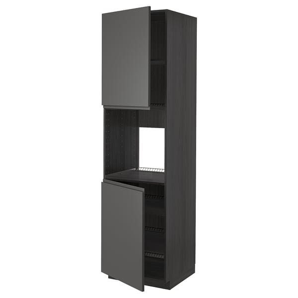 Mörkgrått modernt köksskåp med en öppen sektion, en stängd sektion och elegant design.