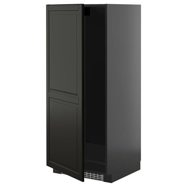 Svart högt köksskåp med slät, mörk finish, elegant design, en dörr och metallventil i botten.