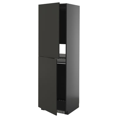 Modernt svart köksskåp med elegant, högblank finish och minimalistisk design.